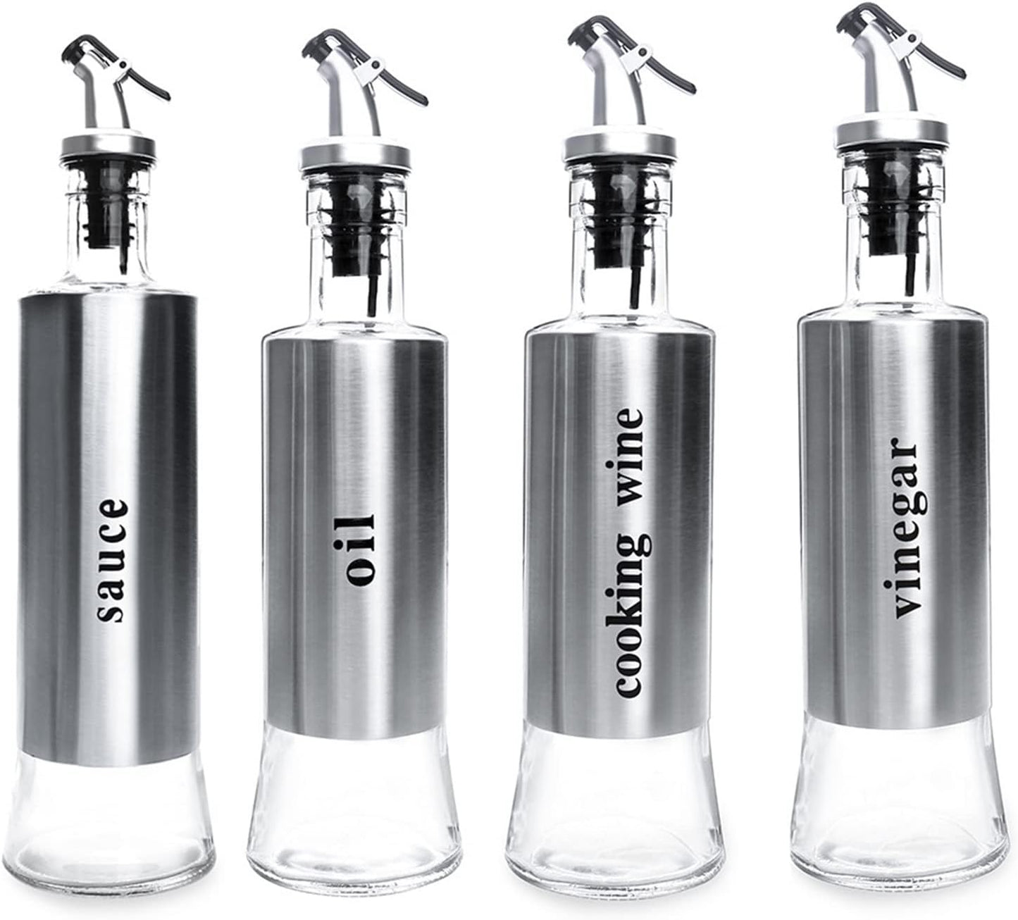 4 Piece Stainless Steel Crystal-Clear Dispensers for Olive Oil, Cooking Wine, Sauce & Vinegar (300ml)